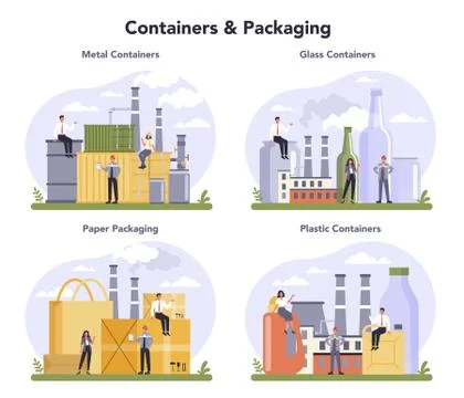 Container and packaging industry set. Metal, glass, paper and plastic Stock Illustration