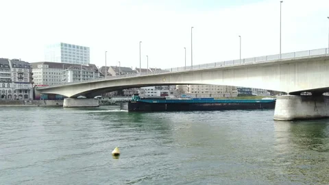 Container barge ship across Basel city river canal for goods transport,swiss Stock Footage 149699767