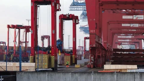 Container being loaded on a container ship Stock Footage 231504576