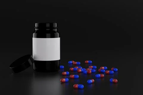 The container is black with a white sticker and scattered tablets. Black back Stock Illustration