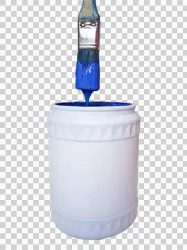 Container with bluen paint, with brush impregnated with the same color. Stock Photos