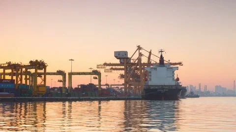 Container Cargo freight ship with working crane bridge Stock Footage 81711667
