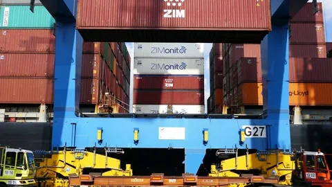 Container Cargo freight ship with working crane 4k intro video for business Stock Footage 92591598