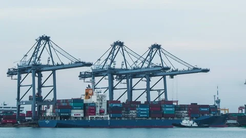 Container Cargo freight ship with working crane loading bridge in shipyard. Stock Footage 111114271