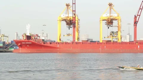 Container Cargo freight ship with working crane bridge in shipyard Video stock 116653646