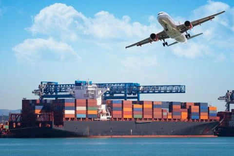 Container cargo freight ships with working crane loading bridge in shipyard,  Stock Photos