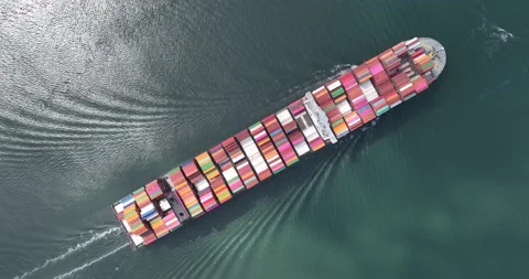 Container cargo ship, bulk transport of sea containers. Top down aerial of a Stock Footage 206817554