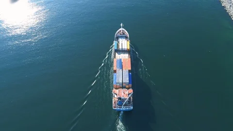 Container Cargo Ship Entering Harbor, Aerial View Stock Footage 91130454