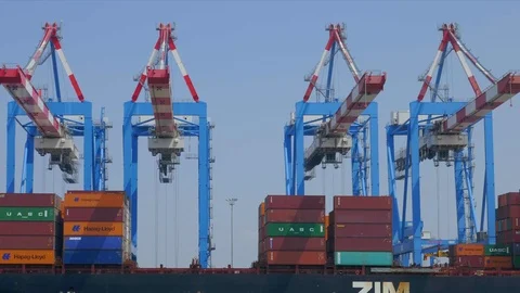 Container cargo ship loading industrial business line by cranes timelapse 4k Stock Footage 105816155