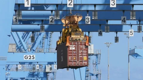 Container cargo ship loading / unloading by gantry crane 4k creative business vi Stock Footage 141910104