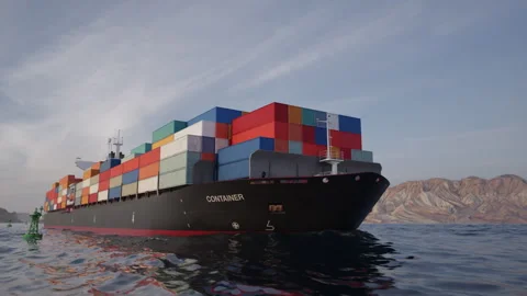 Container cargo ship moving through narrow coastal strait at sunset Stock Footage 339232180