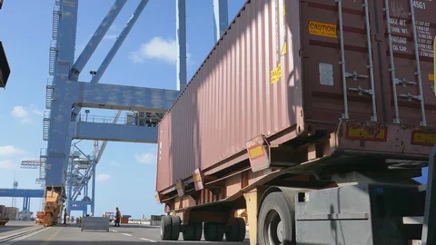 Container cargo ship unloading business line by cranes 4k Stock Footage 108461639