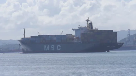 Container cargo ship vessel anchored in harbor bay Stock Footage 45520214