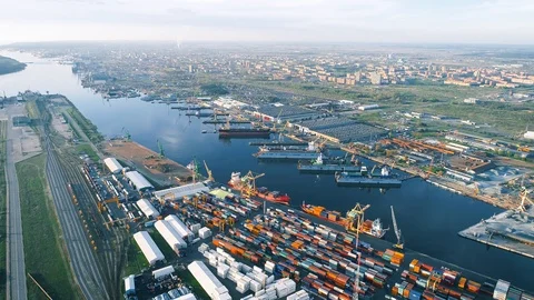 Container Cargo Ships Unloading at Busy Port, Klaipeda, Lithuania Stock Footage 90047811