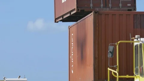 Container cargo unloading industrial business line by cranes 4k Stock Footage 108402216