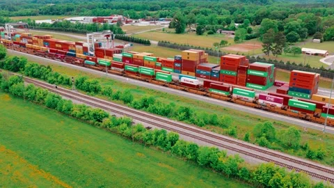 Container Chassis and Terminal Yard Aerial - Intermodal Equipment at Rail Port Stock Footage 340184854