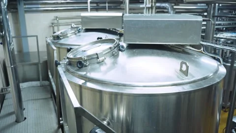 Container cistern for storing milk and dairy products, modern dairy factory Stock Footage 279236997