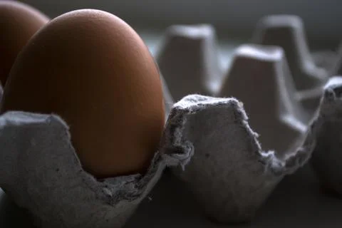 The container contains three eggs. The eggs are fresh. Foto stock