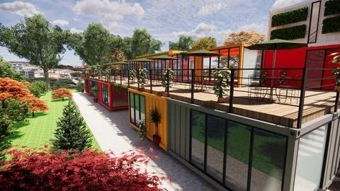 Container converted to cafe and F&amp;B Illustrazione stock