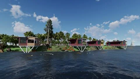 Container converted to chalets built over sea Illustrazione stock