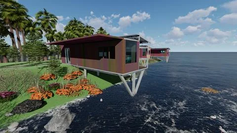 Container converted to chalets built over sea Illustrazione stock