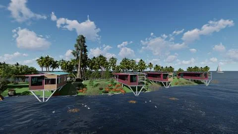 Container converted to chalets built over sea Illustrazione stock