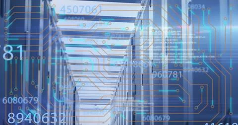 Container corridor in yard showing digital circuit overlay with steel beams, Stock Photos