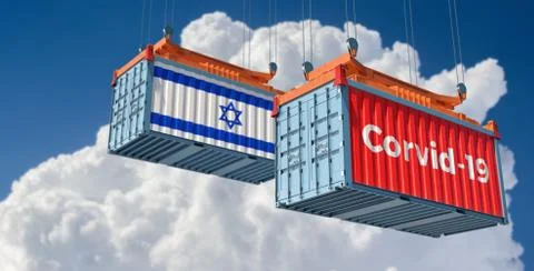 Container with Corvid-19 text on the side and container with Israel Flag. Stock Illustration