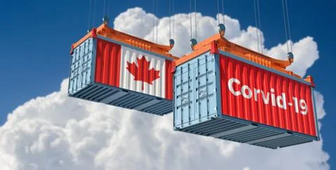 Container with  Corvid-19 text on the side and container with Canada Flag. Stock Illustration