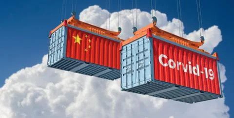 Container with Corvid-19 text on the side and container with China Flag. Stock Illustration