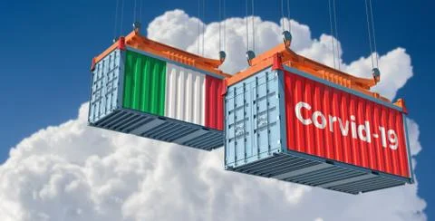 Container with Corvid-19 text on the side and container with Italy Flag. Stock Illustration