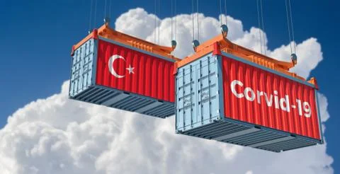 Container with Corvid-19 text on the side and container with Turkey Flag. Stock Illustration