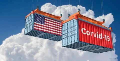 Container with Corvid-19 text on the side and container with USA Flag. Stock Illustration