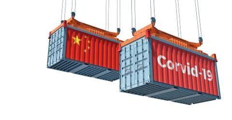 Container with Corvid-19 text on the side and container with China Flag. Stock Illustration