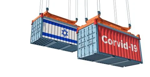 Container with Corvid-19 text on the side and container with Israel Flag. Stock Illustration
