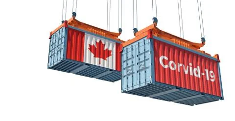 Container with Corvid-19 text on the side and container with Canada Flag. Stock Illustration