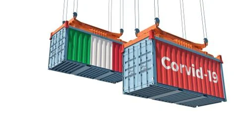 Container with Corvid-19 text on the side and container with Italy Flag. Stock Illustration
