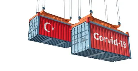 Container with Corvid-19 text on the side and container with Turkey Flag. Stock Illustration