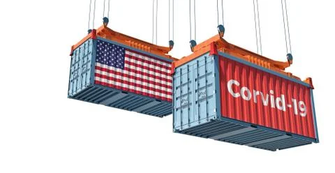 Container with Corvid-19 text on the side and container with USA Flag. Illustrazione stock