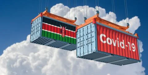 Container with Covid-19 text on the side and container with Kenya Flag. Stock Illustration