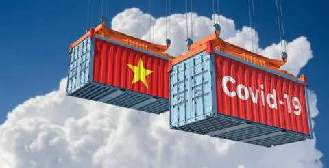 Container with Covid-19 text on the side and container with Vietnam Flag. Stock Illustration