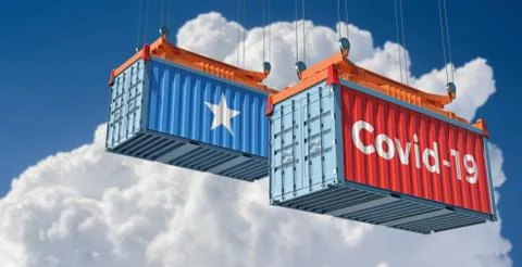 Container with Covid-19 text on the side and container with Somalia Flag. Stock Illustration