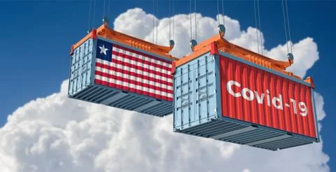 Container with Covid-19 text on the side and container with Liberia Flag Stock Illustration