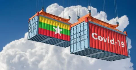 Container with Covid-19 text on the side and container with Myanmar Flag. Stock Illustration
