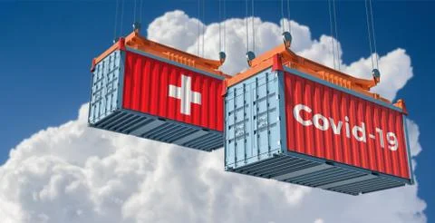 Container with Covid-19 text on the side and container with Switzerland Flag Stock Illustration