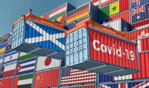 Container with Covid-19 text on the side and container with Scotland Flag. Stock Illustration