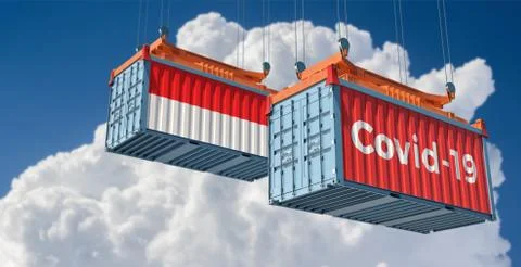 Container with Covid-19 text on the side and container with Indonesia Flag. Illustrazione stock