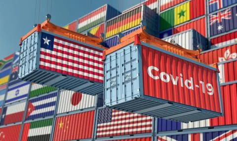 Container with Covid-19 text on the side and container with Liberia Flag. Illustrazione stock