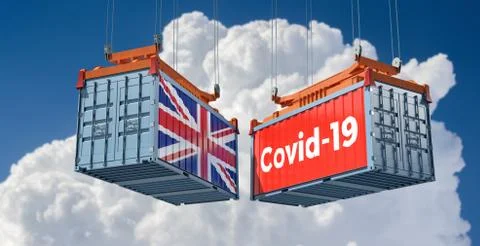 Container with Covid-19 text on the side and container with United Kingdom Flag. Stock Illustration