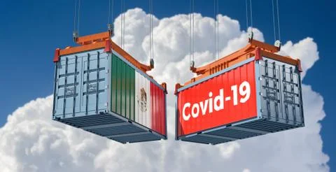 Container with Covid-19 text on the side and container with Mexico Flag. Stock Illustration